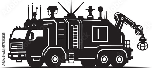 Black truck, emergency vehicle, rescue truck, silhouette, vector illustration