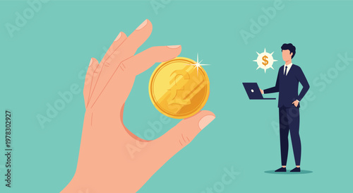 Large hand holding a golden British pound coin with a businessman and a laptop in the background for finance and banking concepts.