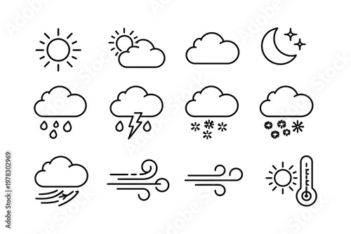 Collection of weather condition icons depicting various atmospheric phenomena