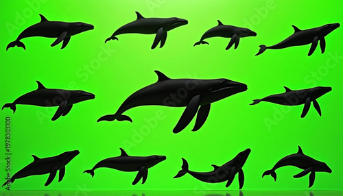 Whale Silhouette Icon Set Futuristic Marine Animal Green Screen