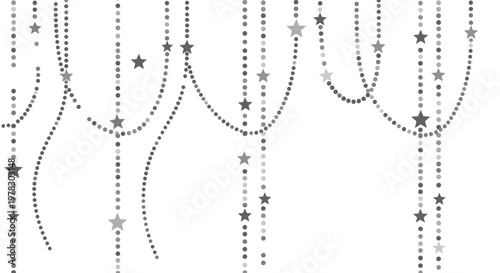 Decorative pattern featuring vertical dotted strings with scattered stars in various shades of gray on a clean white background for parties.