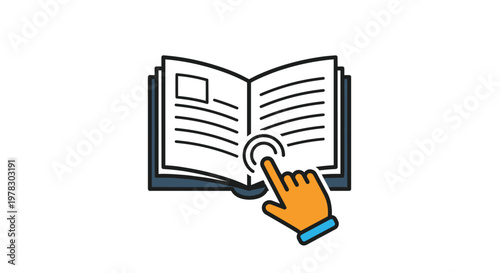 Colorful icon showing a human hand with a finger pointing to a specific page in an open book on a clean white background for education.