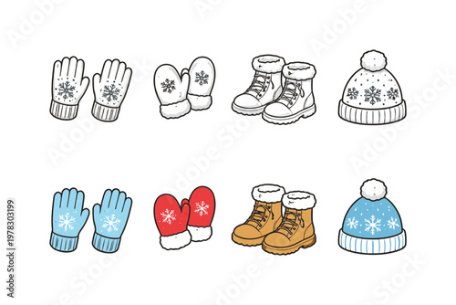 Collection of winter clothing accessories featuring gloves, mittens, boots, and hats