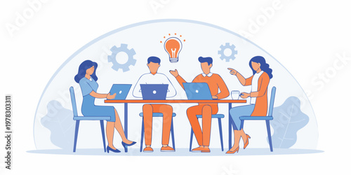 Team brainstorming session with an idea represented by a glowing lightbulb