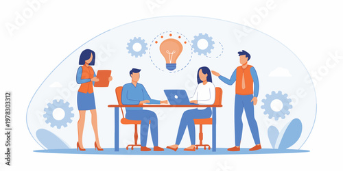 Team collaborating around a table brainstorming new ideas and innovation