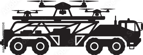 Black truck with drones, drone carrier vehicle, transportation icon, drone delivery truck, silhouette