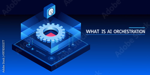 Isometric illustration depicting ai orchestration with gears and digital elements
