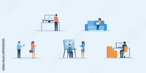 Modern office scene depicting diverse people collaborating and working independently