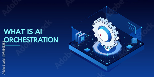 Isometric illustration representing ai orchestration with gears and a glowing core