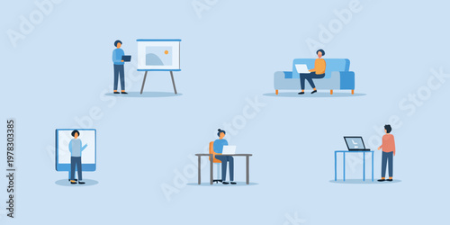 People collaborating and working remotely in a modern office setting