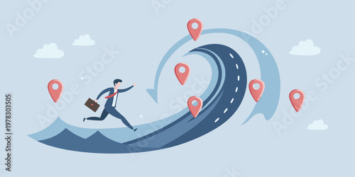 A businessman runs along a winding road towards multiple destination markers