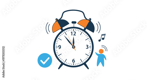 Illustration of a ringing alarm clock with a person waving and a checkmark symbolizing timely waking up and successful task management.
