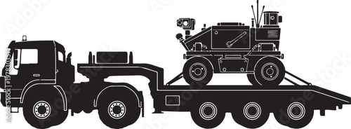 Heavy duty truck, flatbed trailer, industrial transport, vehicle silhouette, black and white