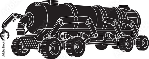 Industrial robotic vehicle, mechanical machine, black and white illustration, robotic arm, heavy industry equipment