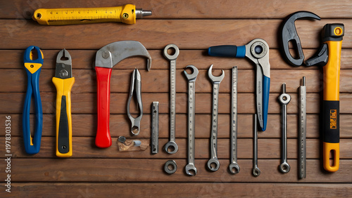 Hammer wrench pliers and measuring tape arranged neatly on a wooden table top view clean