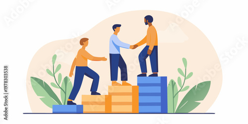 Business partners shaking hands atop ascending block steps showing growth