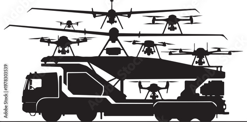 Drone, truck, and drone carrier, vector silhouette, black icons, transportation, technology
