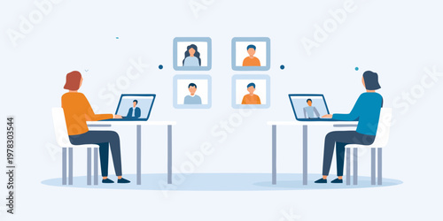 People participating in a virtual meeting using laptops and video conferencing