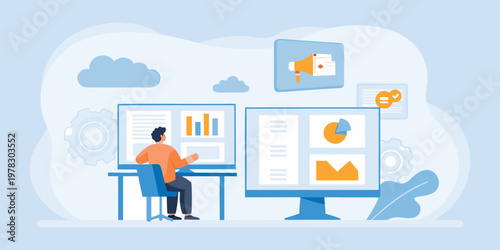 Man analyzing data and marketing reports on multiple computer screens