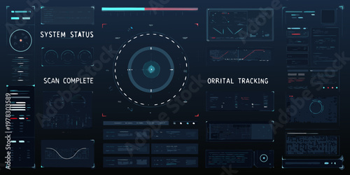 Futuristic system interface displays orbital tracking and system status data