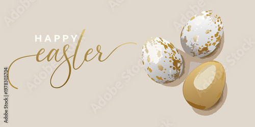 Happy easter message with speckled eggs and a golden chocolate egg