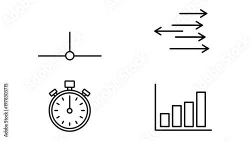 Abstract Icons of Progress: A collection of minimalist, monochrome icons representing concepts of process, speed, and advancement, ideal for modern design applications. 