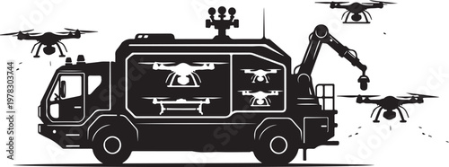 Drone truck, drone delivery van, aerial vehicle transport, robotic logistics vehicle