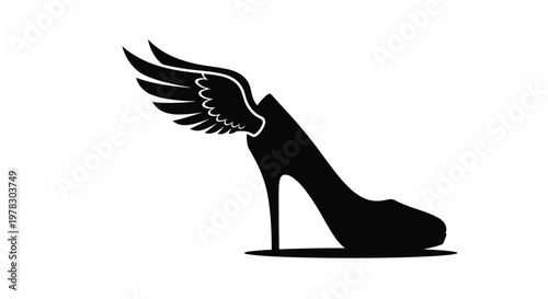 Black silhouette of a high-heeled shoe with a wing attached to the heel suggesting fast fashion and mythological themes in modern art.