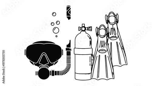 Diving Essentials in Silhouette: A black and white illustration of essential scuba diving equipment, capturing the allure of underwater adventure.