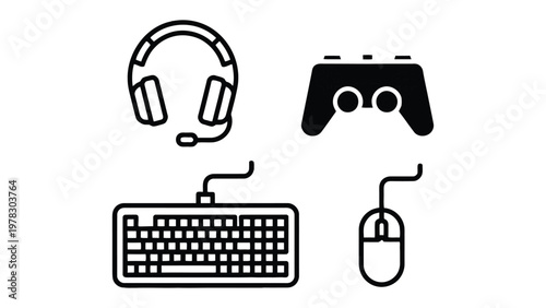 Gaming Essentials: A collection of gaming essentials, illustrating a gamer's toolkit for immersive entertainment, including a headset, gamepad, keyboard, and mouse.