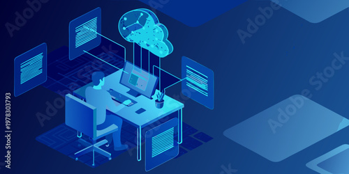 A person interacts with a digital cloud network from a computer