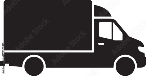 Delivery truck, cargo vehicle, transportation icon, logistics symbol, black silhouette