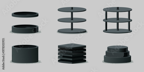 Isometric display stands and platforms in a dark gray color scheme