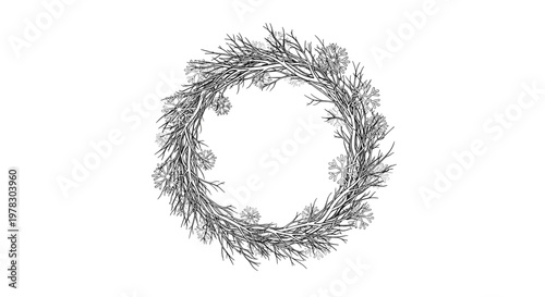 Hand-drawn style circular wreath made of bare branches and twigs creating a rustic and natural decorative border element for design.
