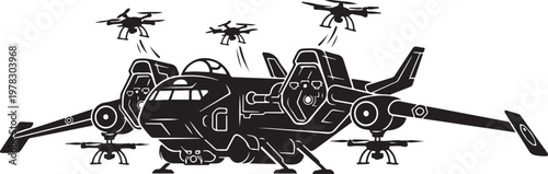 Military helicopter, combat aircraft, black vector illustration, drone escort