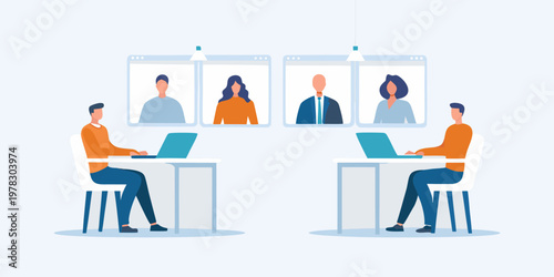 Two people having a video call with four colleagues on screens