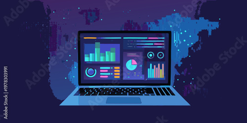 A laptop displaying complex data visualizations and analytical dashboards