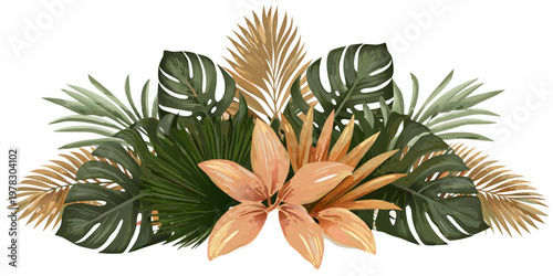 Tropical leaves and flowers arrangement in golden and green hues