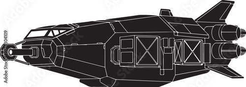 Futuristic spaceship, sci-fi vehicle, black illustration, futuristic aircraft, vector graphic