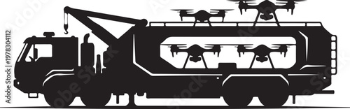 Drone rescue truck, drone recovery vehicle, black silhouette, emergency response, transportation