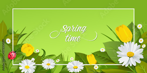 A vibrant spring scene featuring flowers a ladybug and decorative text