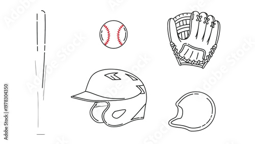 Baseball Equipment Outline: A stylized illustration showcases essential baseball gear, providing a clean and focused representation of the sport's fundamental tools.