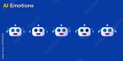Five cartoon robots display a range of artificial intelligence emotions