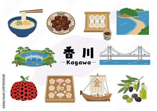 香川県の観光・特産・文化アイコンセット（讃岐うどん・エンジェルロード・瀬戸大橋・栗林公園・オリーブ・和三盆・直島アート）