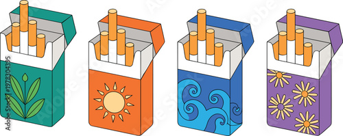 Set of four colorful cigarette packs featuring creative nature inspired designs including leaf sun waves and floral patterns isolated on white