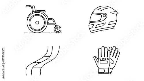 Racing Gear Line Art: A selection of racing elements, showcasing the gear required for the sport and the track itself, each in a clean line art style.