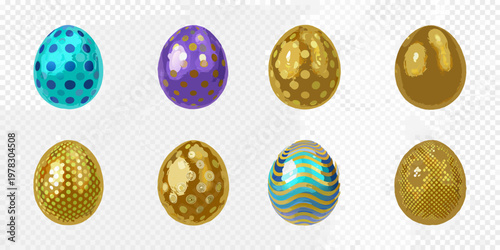 A collection of brightly colored patterned easter eggs on a transparent background