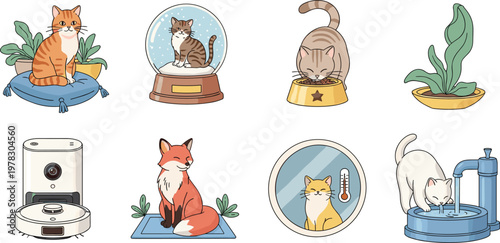 Vector Set of Cute Cats with Modern Pet Accessories Including Cat Bowls, Robots, and Water Dispensers
