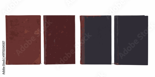 Four antique books with varied dark red and black covers displayed closely