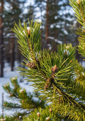 Close-Up of Pine Branch with Cones and Snow in Winter Forest